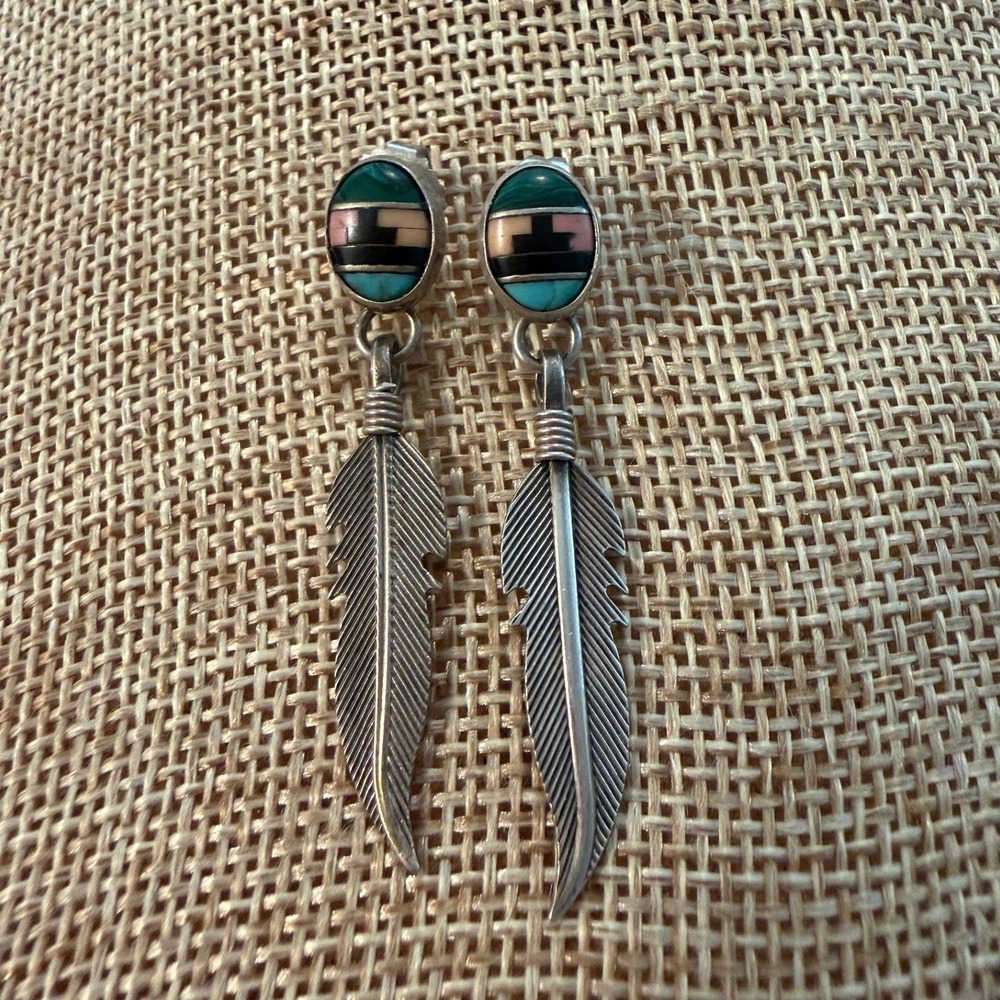 Vintage Native American Stone Inlay Dangle Feather Earrings Sterling Silver